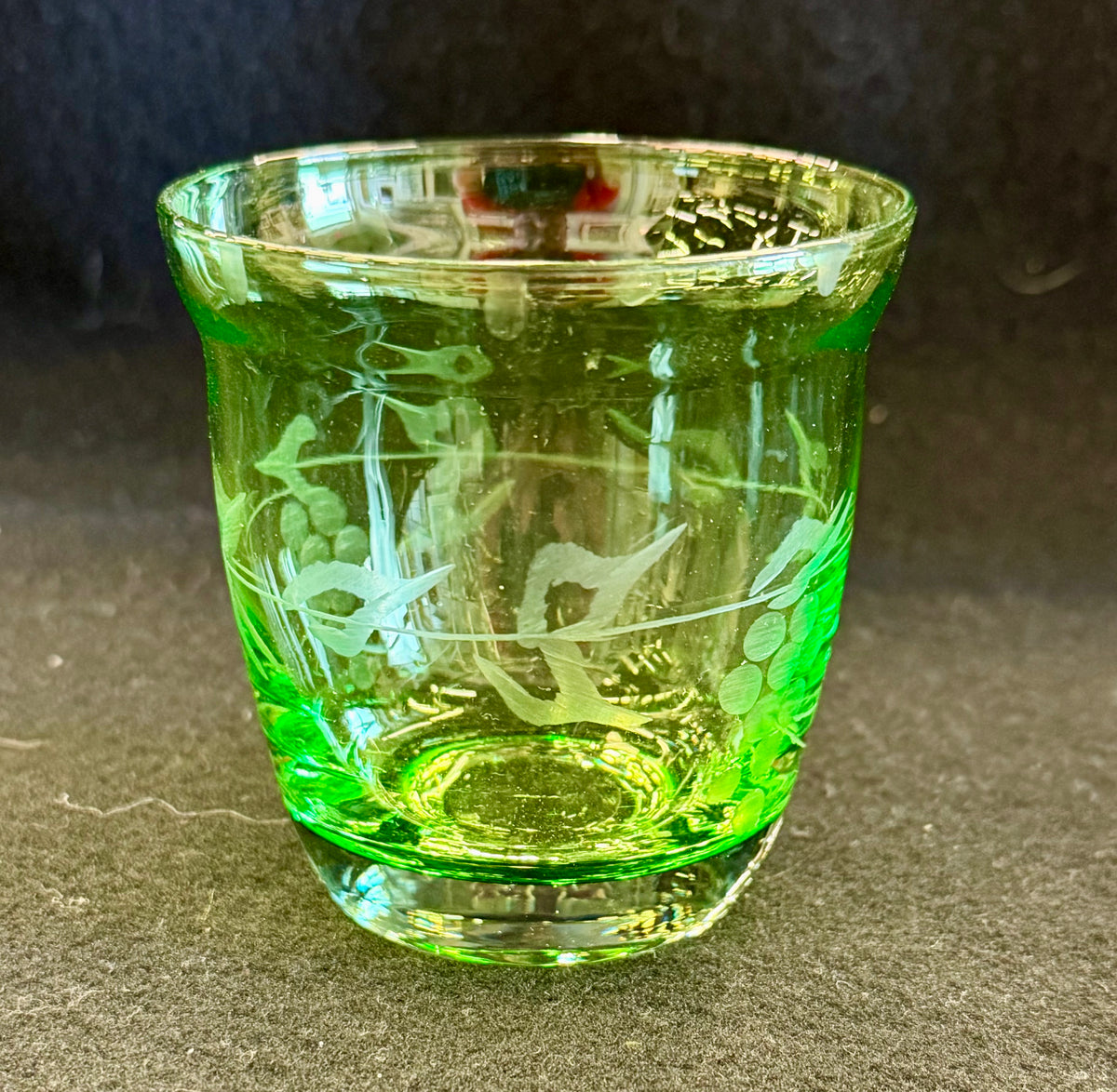 Vintage Art Deco Etched Green Uranium Glass Multi-Piece Set (Bowl, Tumbler, and Stand)