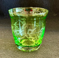 Vintage Art Deco Etched Green Uranium Glass Multi-Piece Set (Bowl, Tumbler, and Stand)