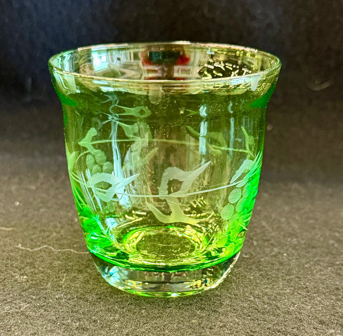 Vintage Art Deco Etched Green Uranium Glass Multi-Piece Set (Bowl, Tumbler, and Stand)