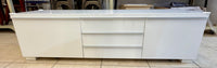 Modern High-Gloss White Low-Profile TV Bench & Media Console Console with Storage Drawers & Shelves