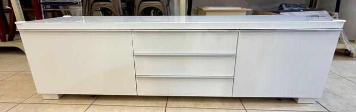 Modern High-Gloss White Low-Profile TV Bench & Media Console Console with Storage Drawers & Shelves