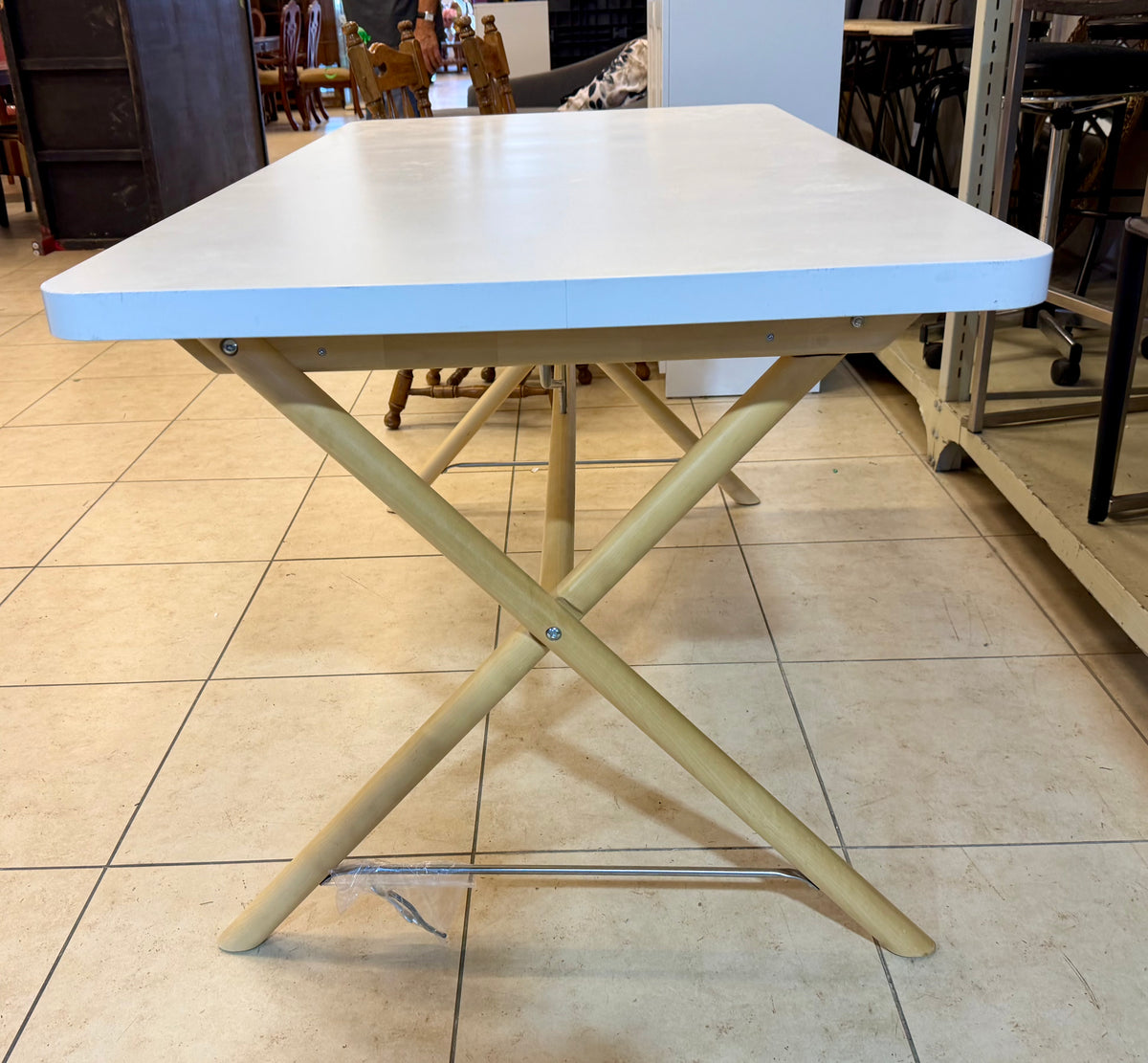 Modern Minimalist White Top Desk with Cross-Leg Wood-Tone Support