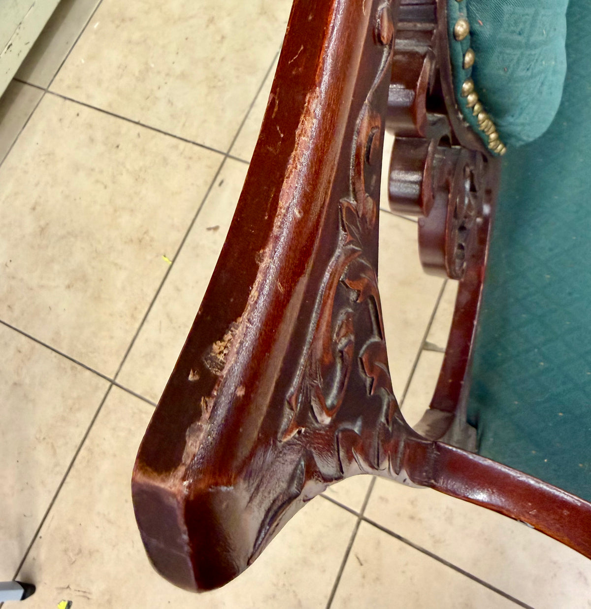 Vintage Tufted Settee / Loveseat – Emerald Green & Ornate Carved Wood