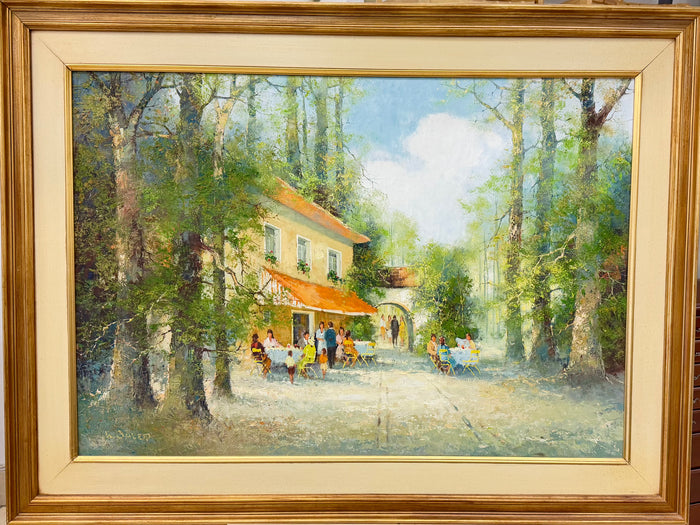 Vintage Impressionist Mid-Century European Terrace Cafe Oil Painting