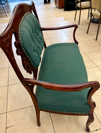 Vintage Tufted Settee / Loveseat – Emerald Green & Ornate Carved Wood