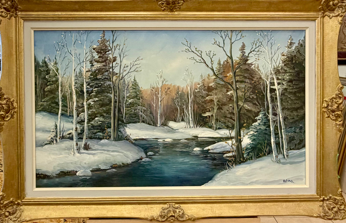 Vintage Original Anna Jalava Canadian Winter River Landscape Oil Painting