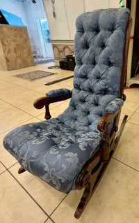 Vintage Victorian-Era Style Carved Wood Platform Rocking Chair in Powder Blue Damask