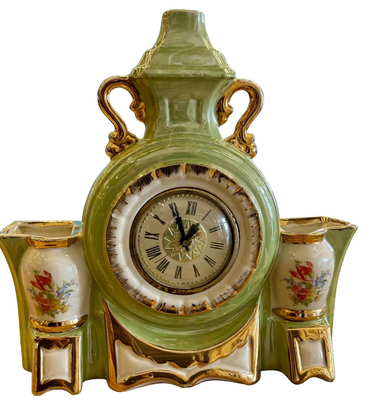 Vintage 1950s Lanshire "Self-Starting" Ceramic Planter Clock - Seafoam Green & 22k Gold
Description