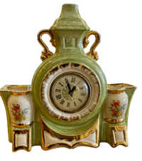 Vintage 1950s Lanshire "Self-Starting" Ceramic Planter Clock - Seafoam Green & 22k Gold
Description