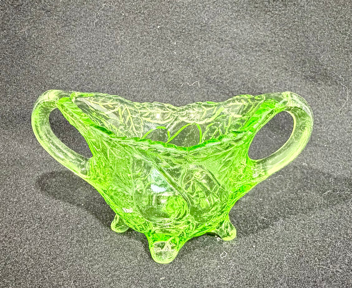 Vintage Indiana Glass "Sweet Pear" Uranium Green Depression Glass Double-Handled Footed Bowl