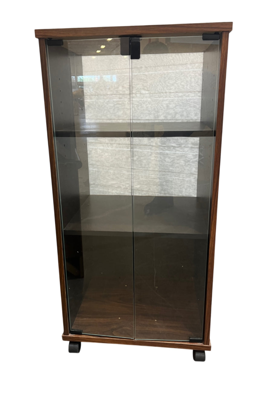 Wood Grain Rolling Cabinet with Glass Doors