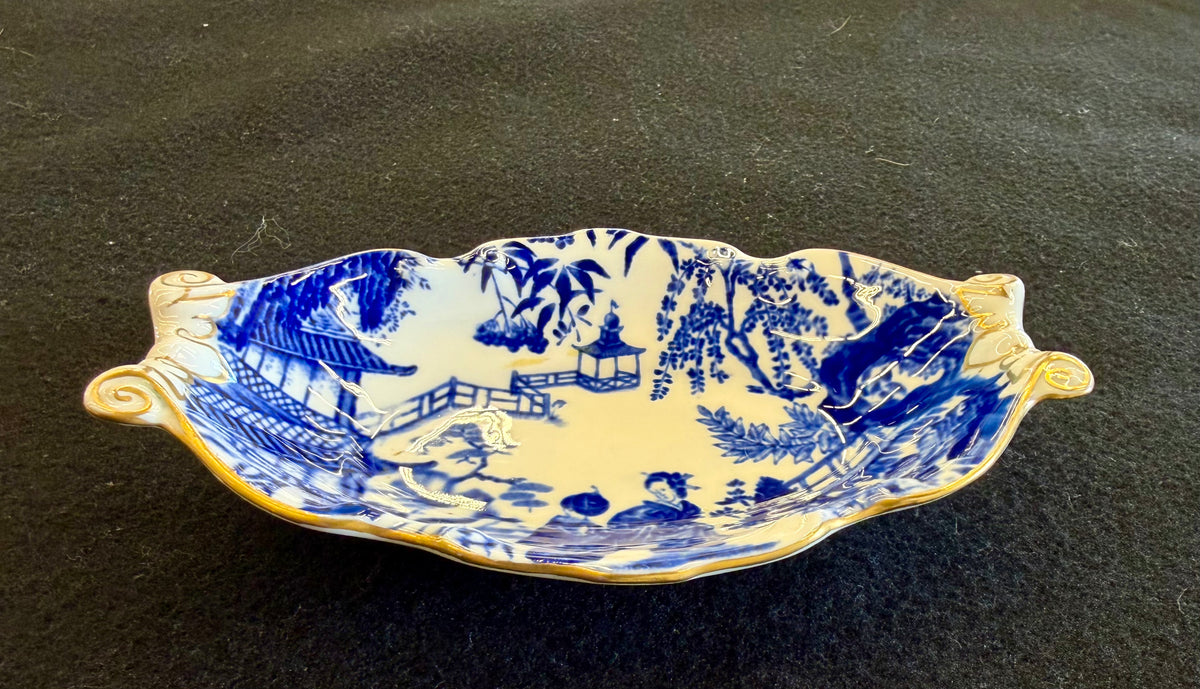 Vintage Royal Crown Derby Blue & White Chinoiserie Covered Sugar Bowl & Matching Scalloped Pickle Dish Set - Made in England