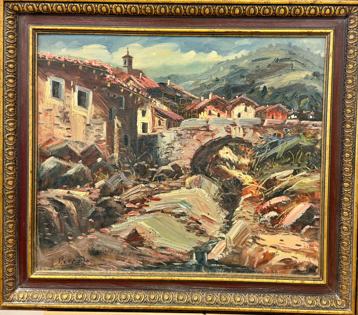 Vintage European Village and Old Stone Bridge Impasto Oil Painting by P. Casado