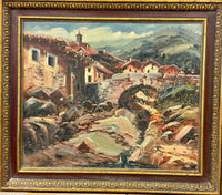Vintage European Village and Old Stone Bridge Impasto Oil Painting by P. Casado