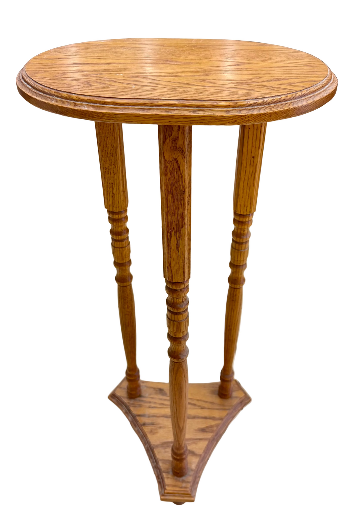 Vintage Turned Oak Pedestal Plant Stand with Oval Top and Tripod Spindle Base