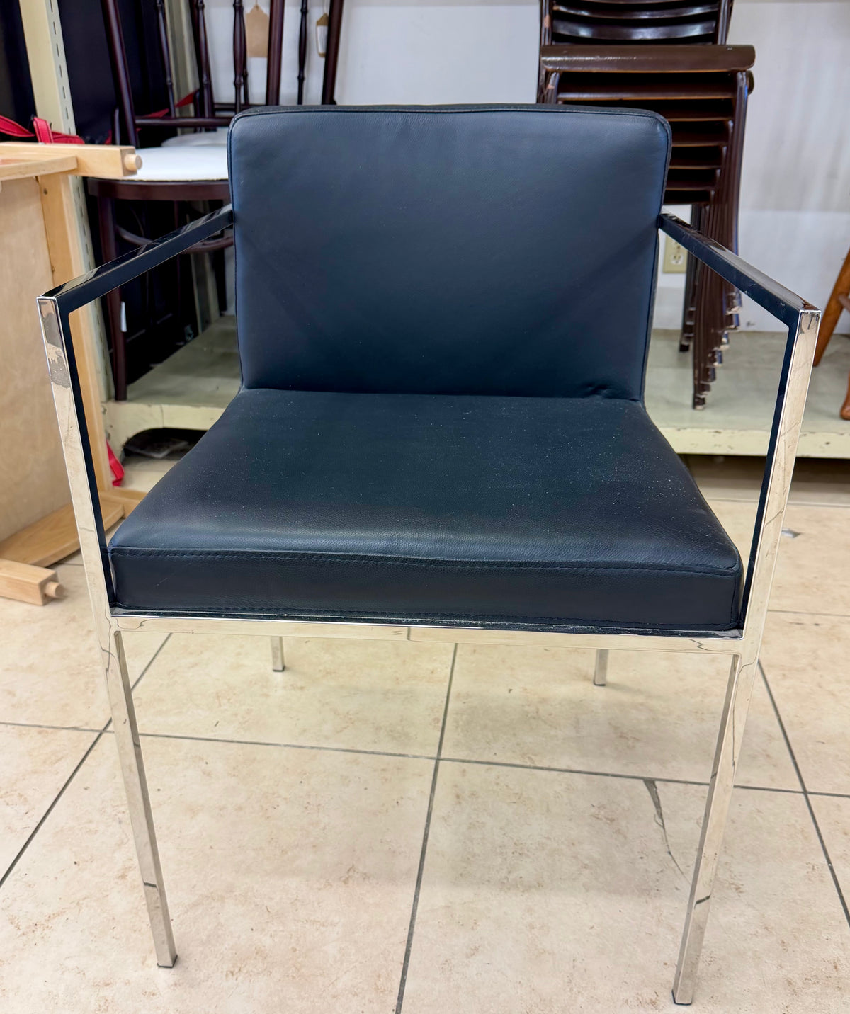 Modernist Minimalism: Polished Chrome & Black Upholstered Accent Armchair