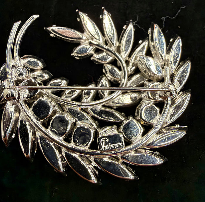 Vintage Signed Sherman Clear Crystal Rhinestone Wreath Brooch & Earrings Set