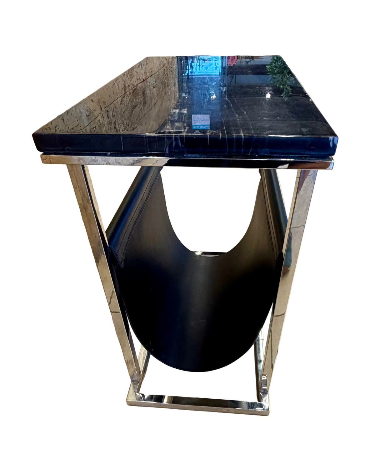 Sleek Modern Black Marble and Chrome Accent Table with Integrated Magazine Sling