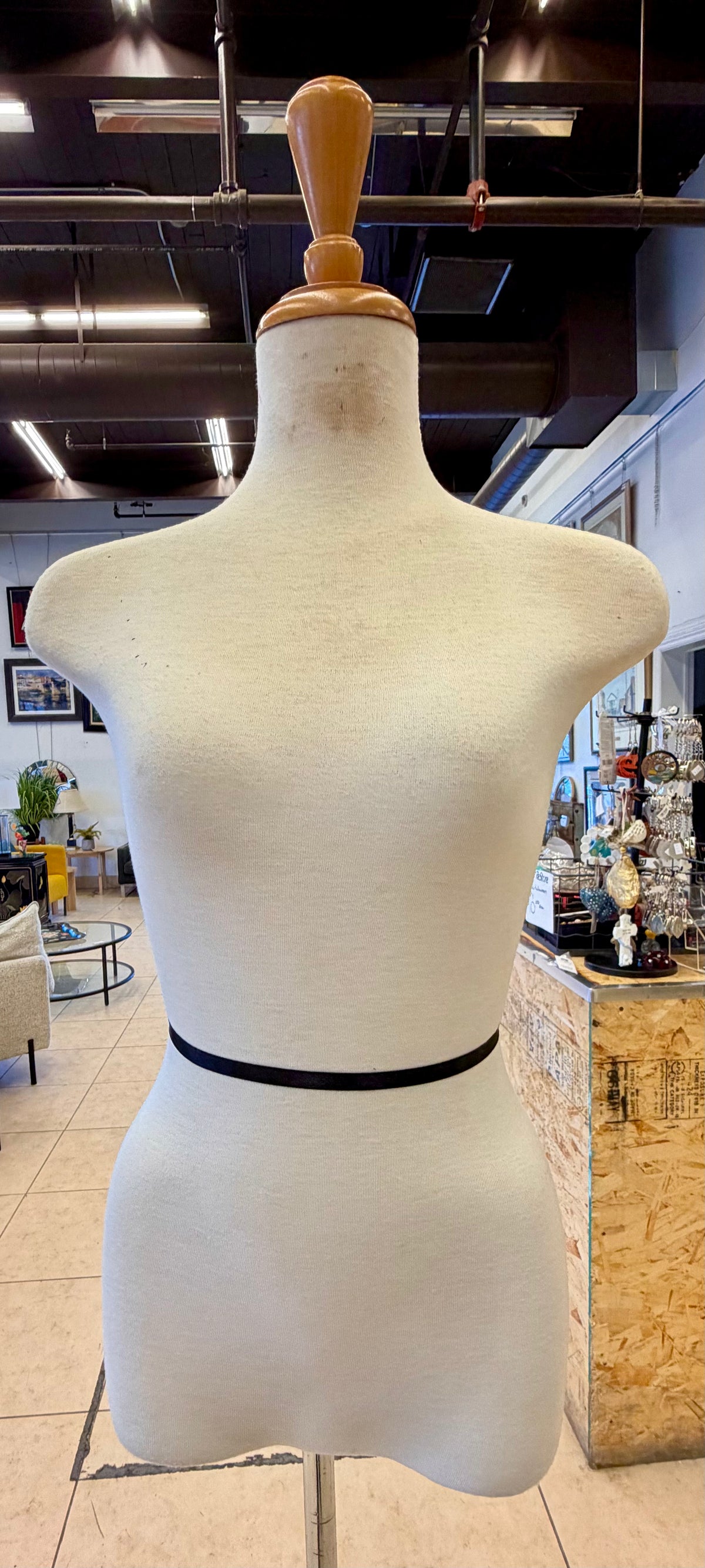 Vintage Cream Fabric Dressmaker Mannequin Tailor's Dummy on Dark Wood Pedestal Stand