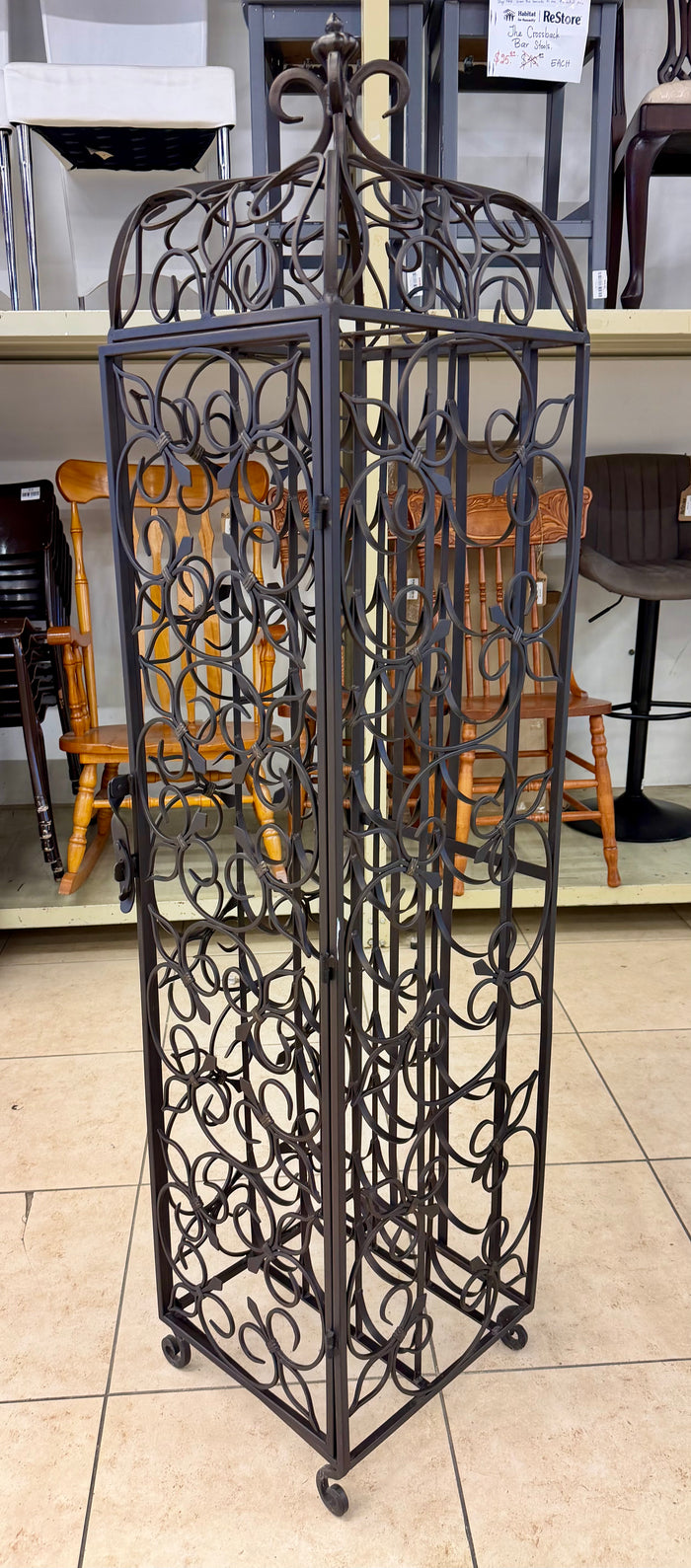 Vintage French Country Wrought Iron Wine Jail Rack – Tall Caged 36-Bottle Bar Cabinet