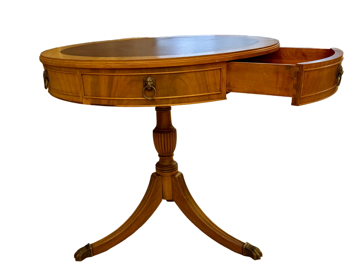 Vintage Round Wood Accent Table with Leather Inset Top and Brass Paw Feet
