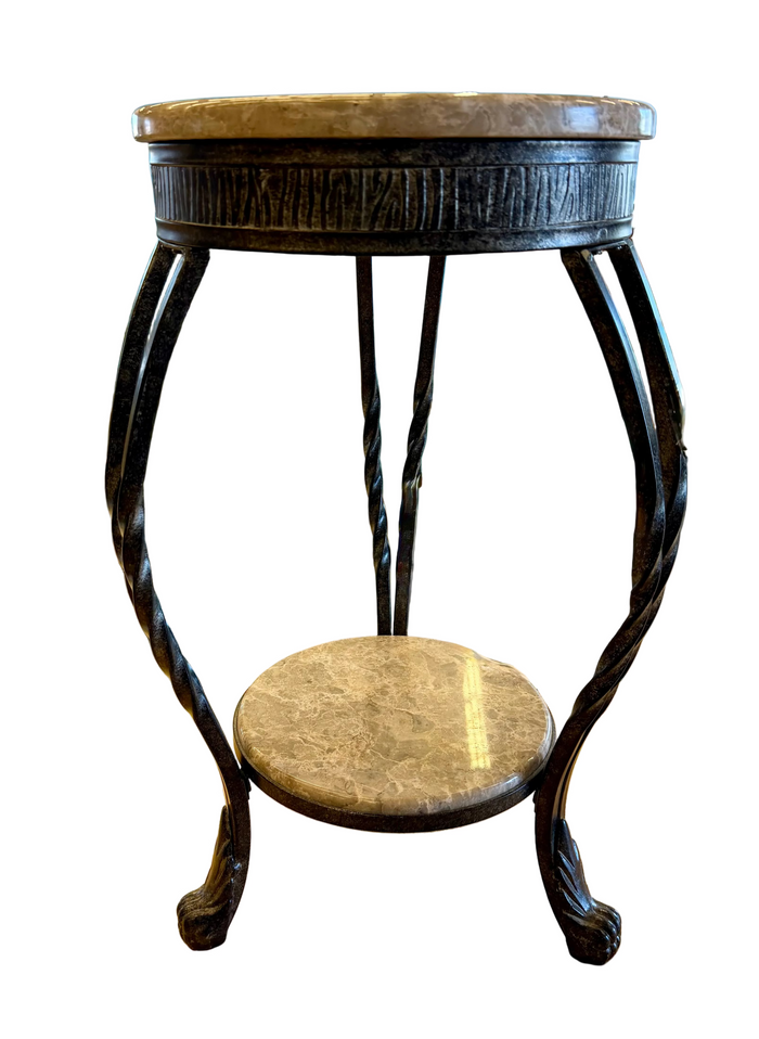 Elegant Two-Tiered Marble and Metal Pedestal Stand