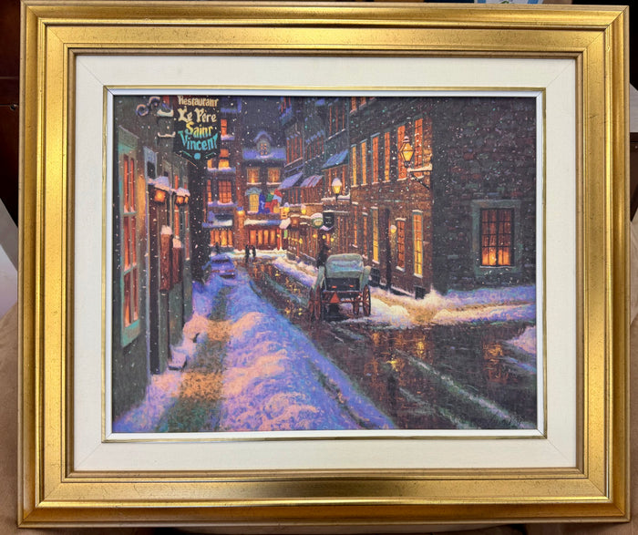 Vintage "Lino" Signed Original Painting (1998) – Old Montreal Winter Scene: Restaurant Le Père Saint-Vincent