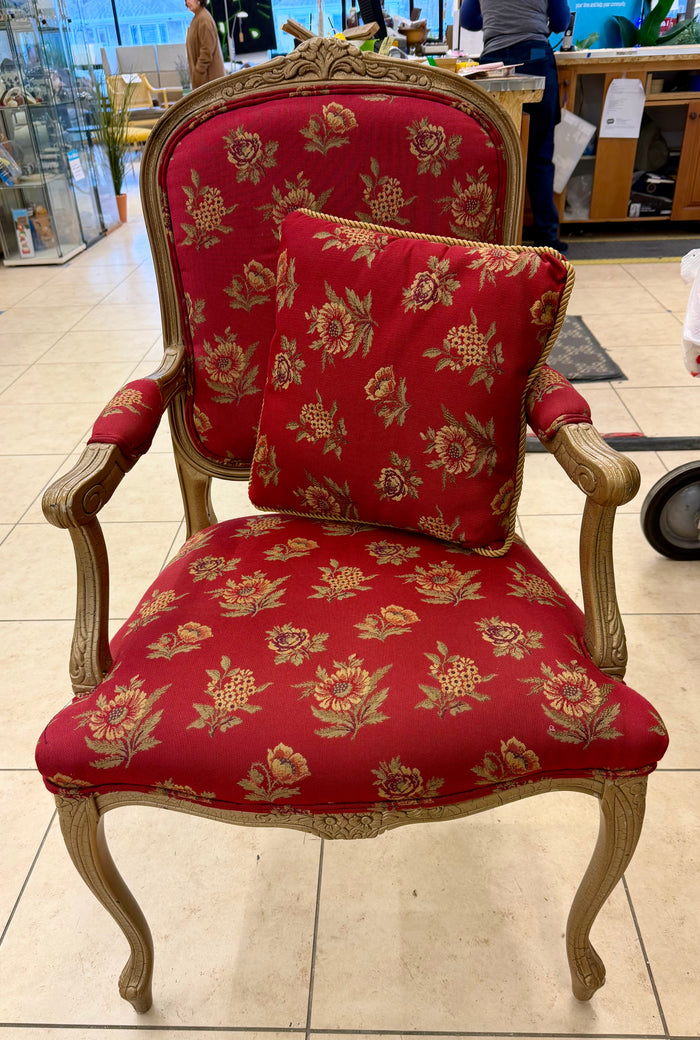 Vintage French Provincial Armchair – Red & Gold Brocade – Louis XV Style