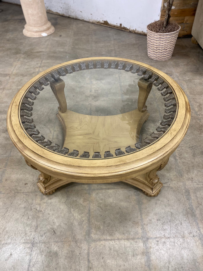 Beige Round Wood Coffee Table with Glass Top