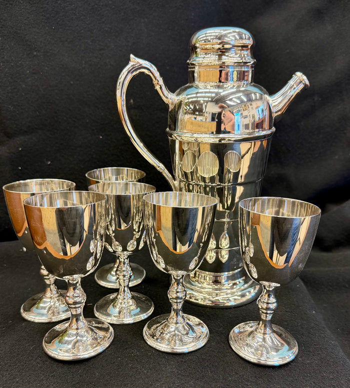 Vintage Art Deco Silver-Plated Cocktail Set - Viking Plate Shaker & 6 Wm. A. Rogers Goblets