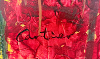 Large 50" Signed Cartier Original Canvas – Abstract Trees – Bold Red & Gold Textured Art