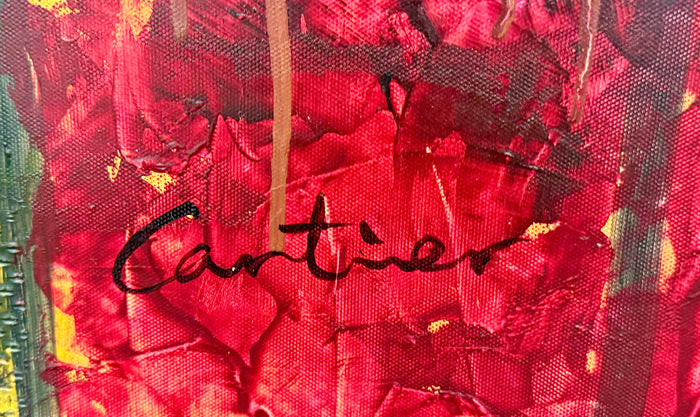 Large 50" Signed Cartier Original Canvas – Abstract Trees – Bold Red & Gold Textured Art