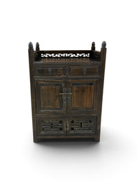 Carved Wood Hallway Cabinet w/ Lower Lattice Cabinet Doors