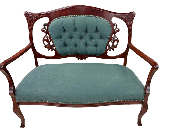 Vintage Tufted Settee / Loveseat – Emerald Green & Ornate Carved Wood