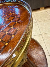 French-Style Marquetry Two-Tier Side Table with Brass Gallery and Ormolu Accents