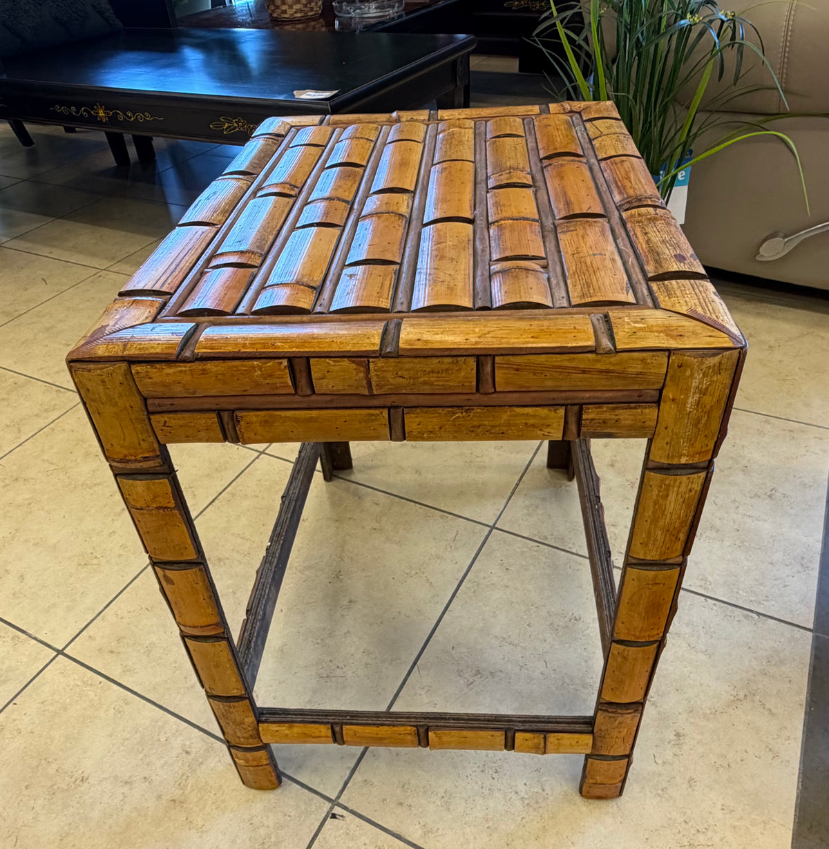 Vintage Bamboo-Design Faux-Brick Nested End Table Set of 2