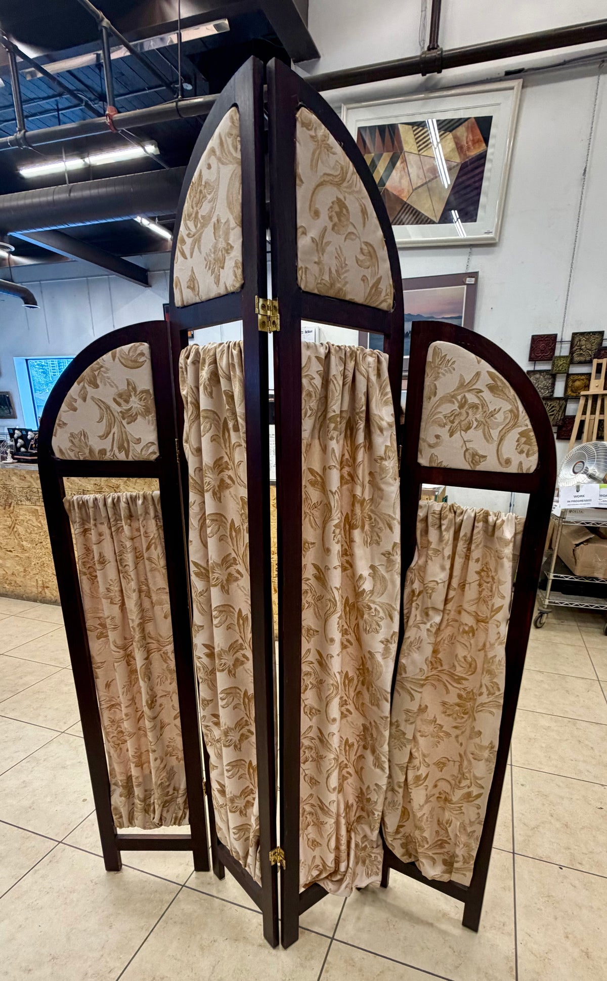 AS IS Arched 4-Panel Folding Room Divider Screen with  Damask Fabric Panels & Curtains Used as a Theatre Set Prop