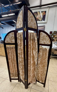 AS IS Arched 4-Panel Folding Room Divider Screen with  Damask Fabric Panels & Curtains Used as a Theatre Set Prop