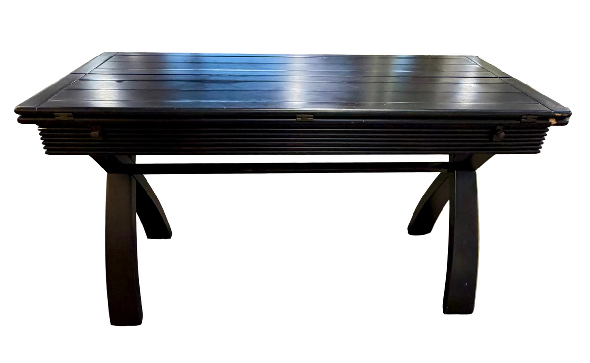 Convertible Space-Saving Black Wood Drop-Leaf Console-to-Dining Table with Architectural X-Base