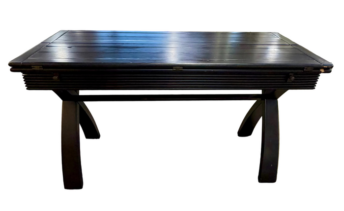 Convertible Space-Saving Black Wood Drop-Leaf Console-to-Dining Table with Architectural X-Base