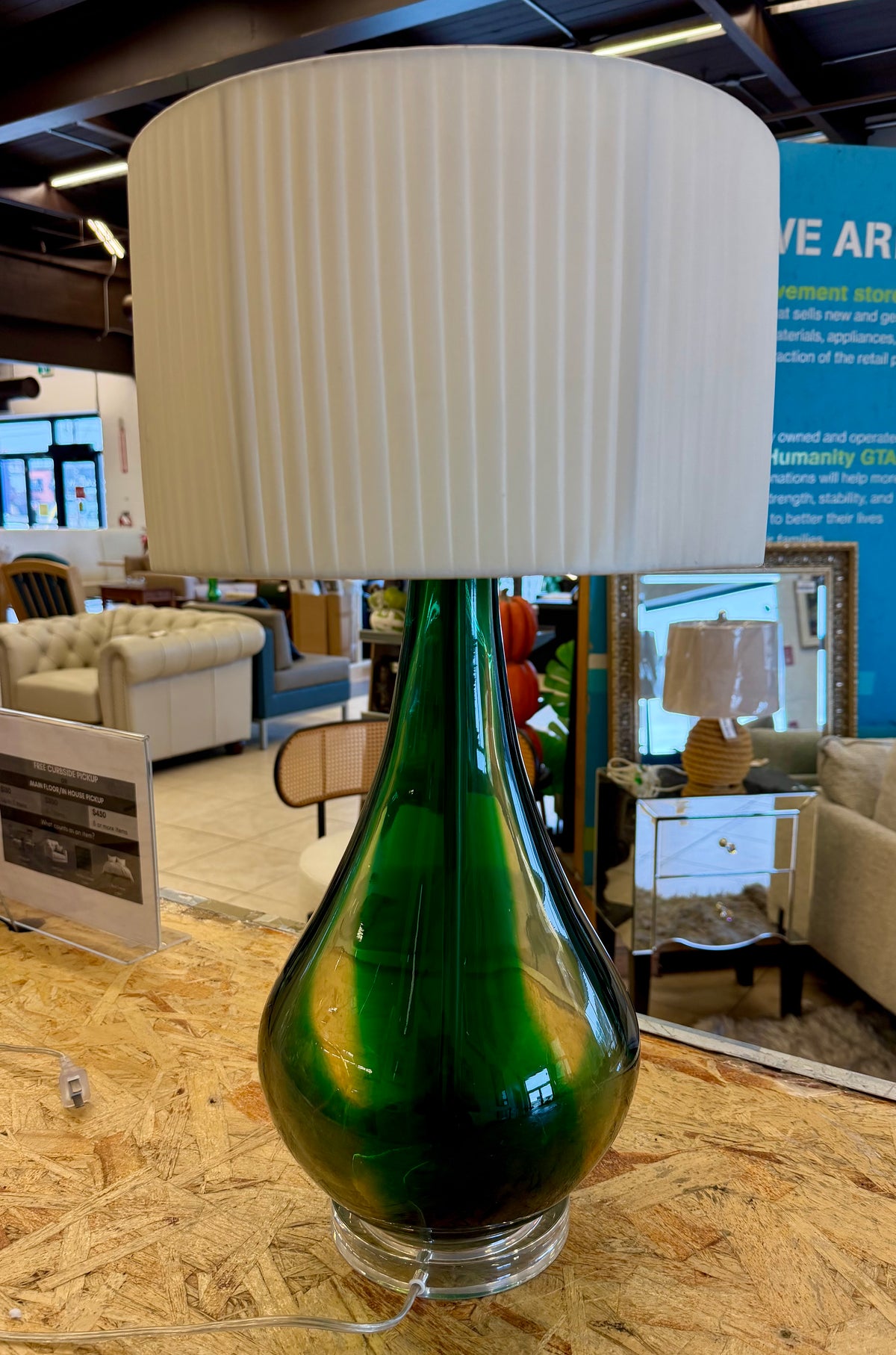 Modern Emerald Green Blown Glass Tear-Drop Table Lamp with Pleated White Shade