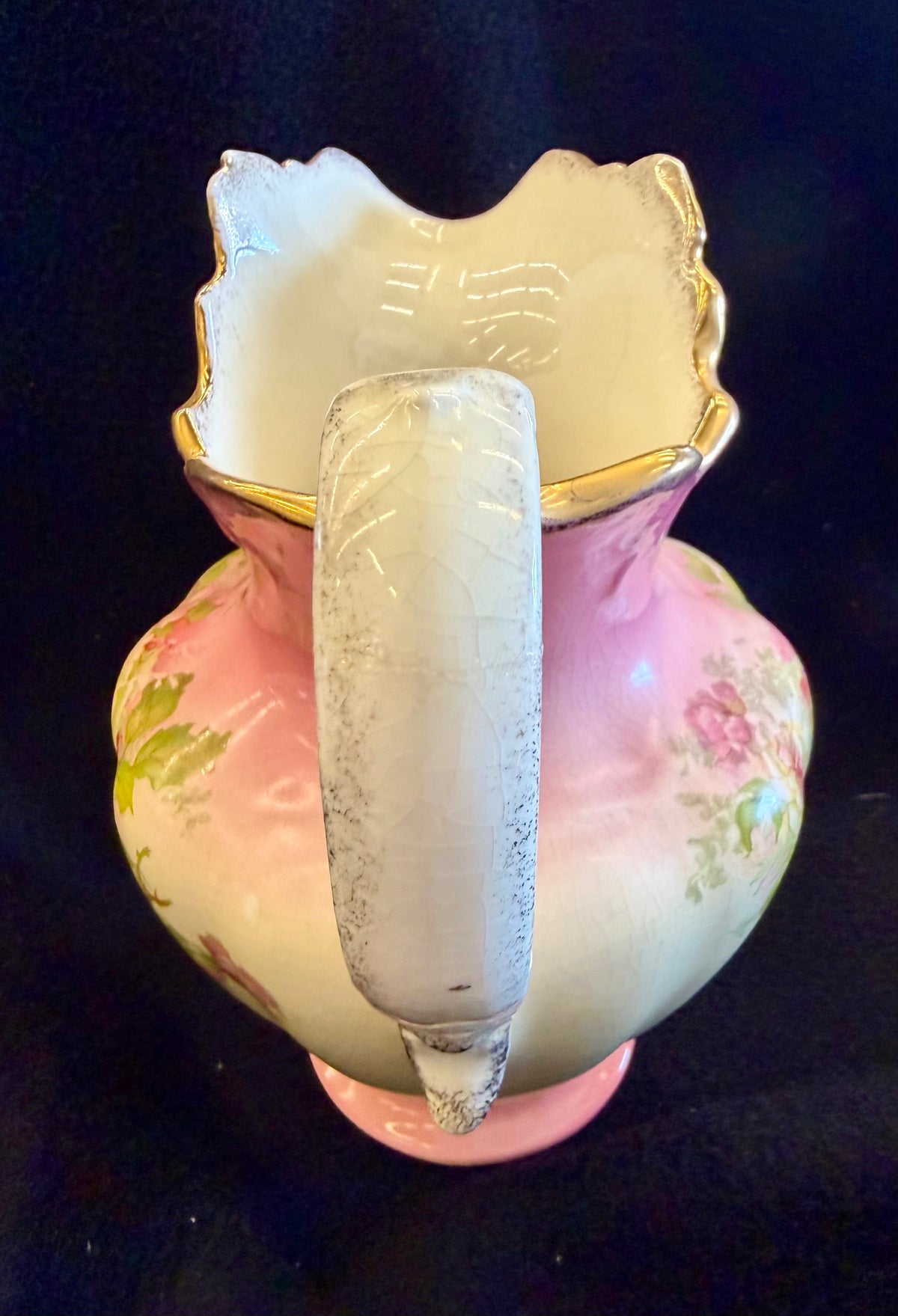 Vintage Hand-Painted Pink and Cream Floral Ceramic Pitcher with Gilded Trim