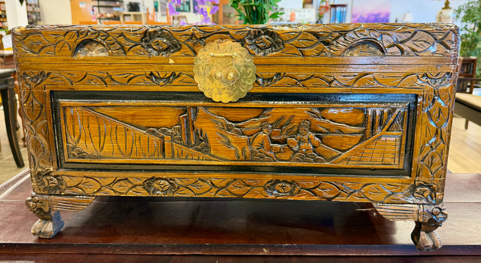 Hand Carved Vintage Asian Camphor Wood Decorative Chest with Intricate Figural Landscapes and Foo Dog Feet