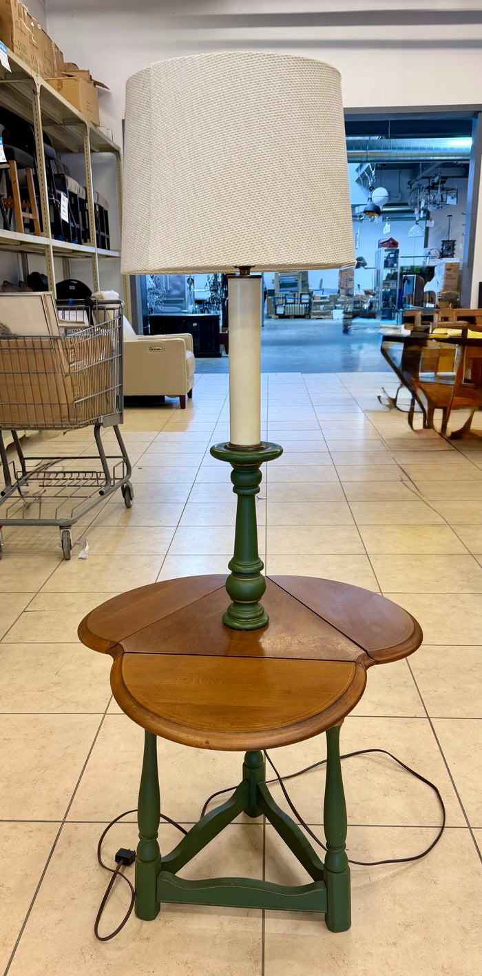 Vintage 2-in-1 Floor Lamp & Drop-Leaf Side Table – Forest Green & Gold