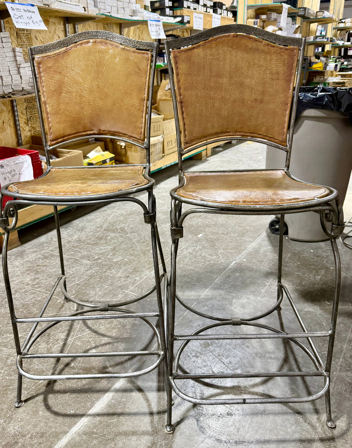 Pair of Luxury Hand-Forged Wrought Iron & Stitched Leather Bar Stools – Designer Style