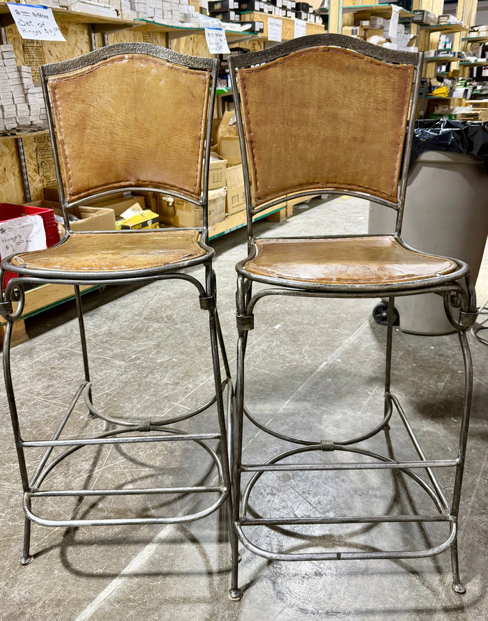 Pair of Luxury Hand-Forged Wrought Iron & Stitched Leather Bar Stools – Designer Style