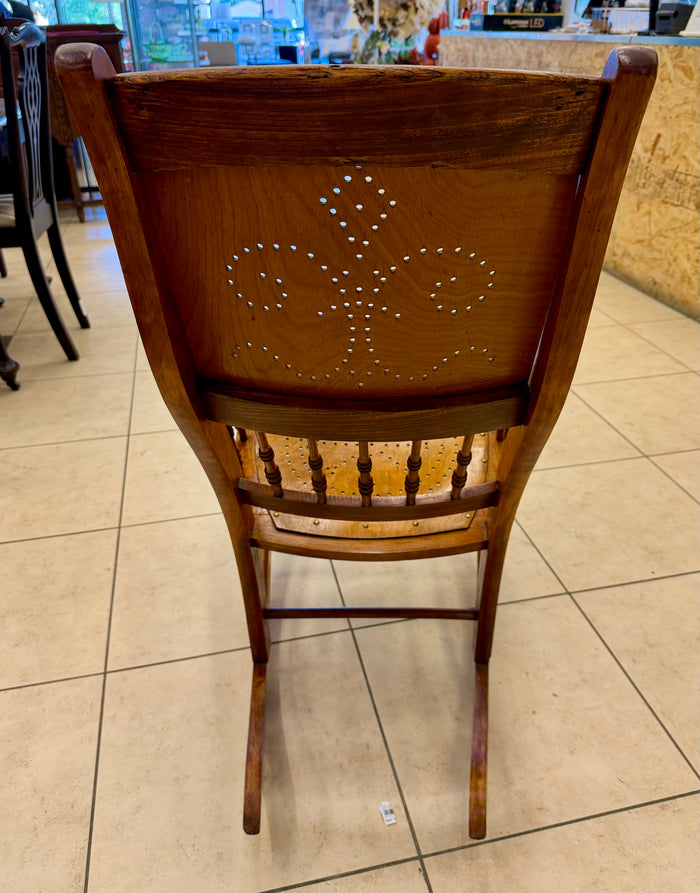Antique Victorian Oak & Ply-Veneer Punch-Work Rocking Chair with Fleur-de-Lis Motifs