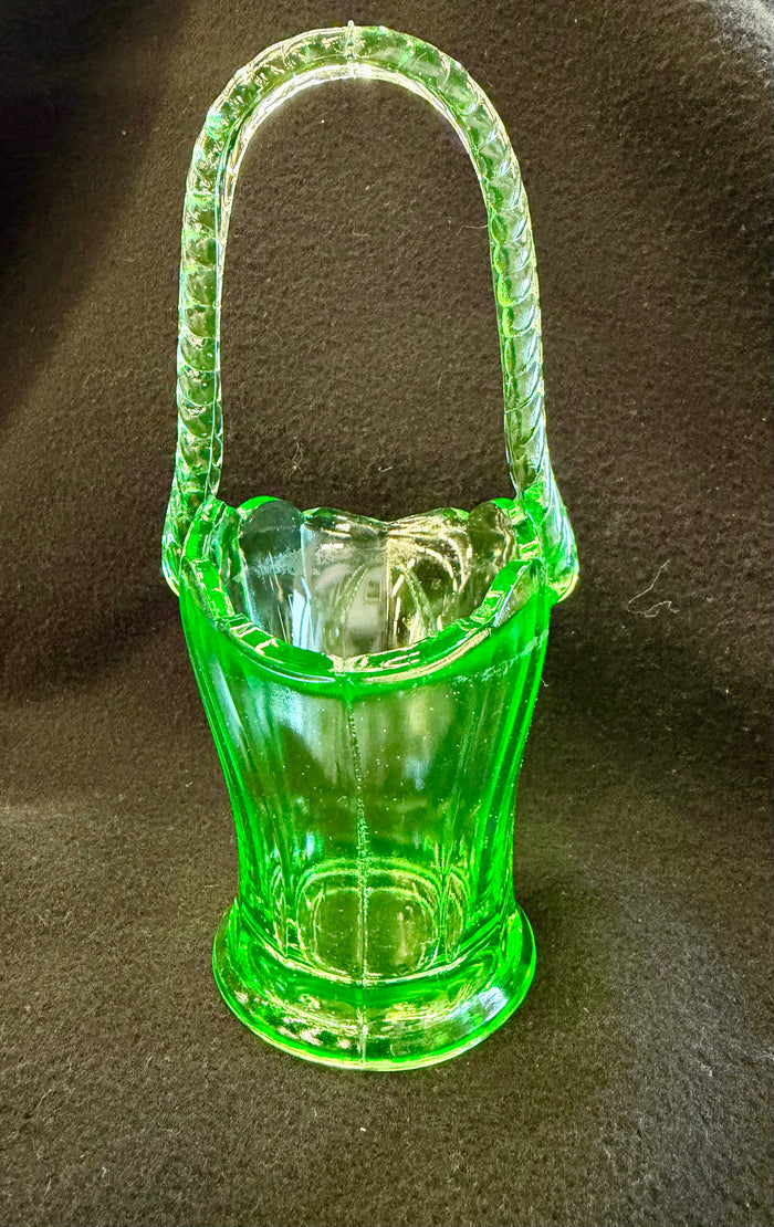 Vibrant Vintage Uranium Glass Basket with Twisted Handle