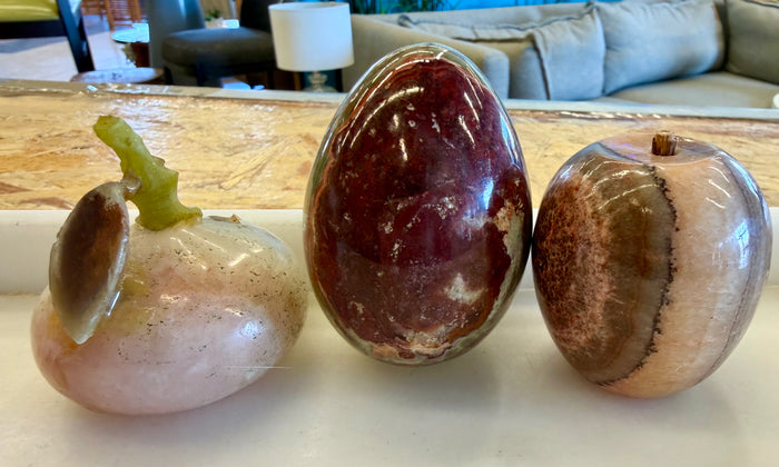 Vintage Polished Onyx & Alabaster Stone Trio - Egg, Apple, and Gourd