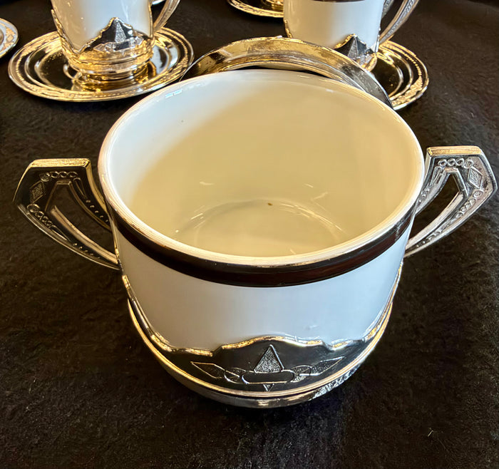 Rare Vintage Italian Mid-Century Modern Nickel-Plated & Porcelain 25-Piece Demitasse Set